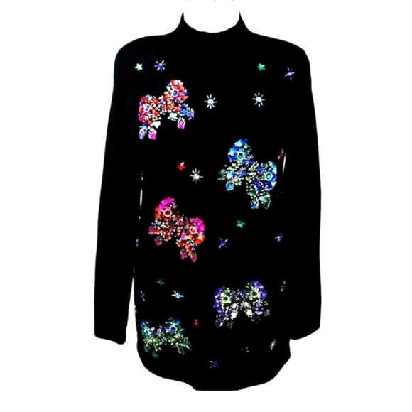 Karen Scott Sweaters - VTG 80s Butterfly Sweater Encrusted Jewels Black Ramie Blend Tunic NWT 3X